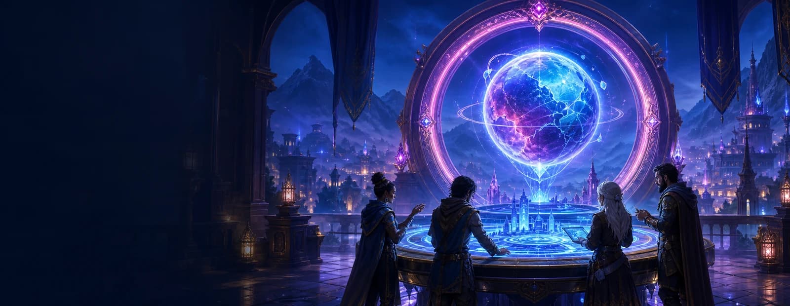 Builders collaborating around a luminous Xsynergy globe portal