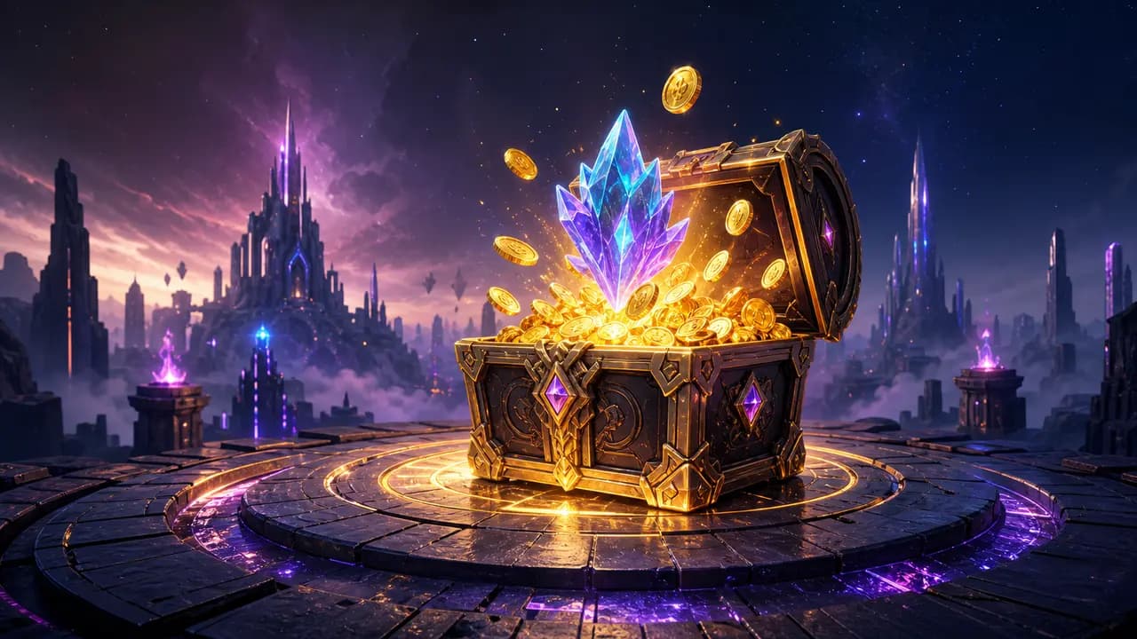 Card/preview image for landing earn. Visually striking but simple, communicates the feature/item quickly at small size, follows Xsynergy fantasy-tech art direction.