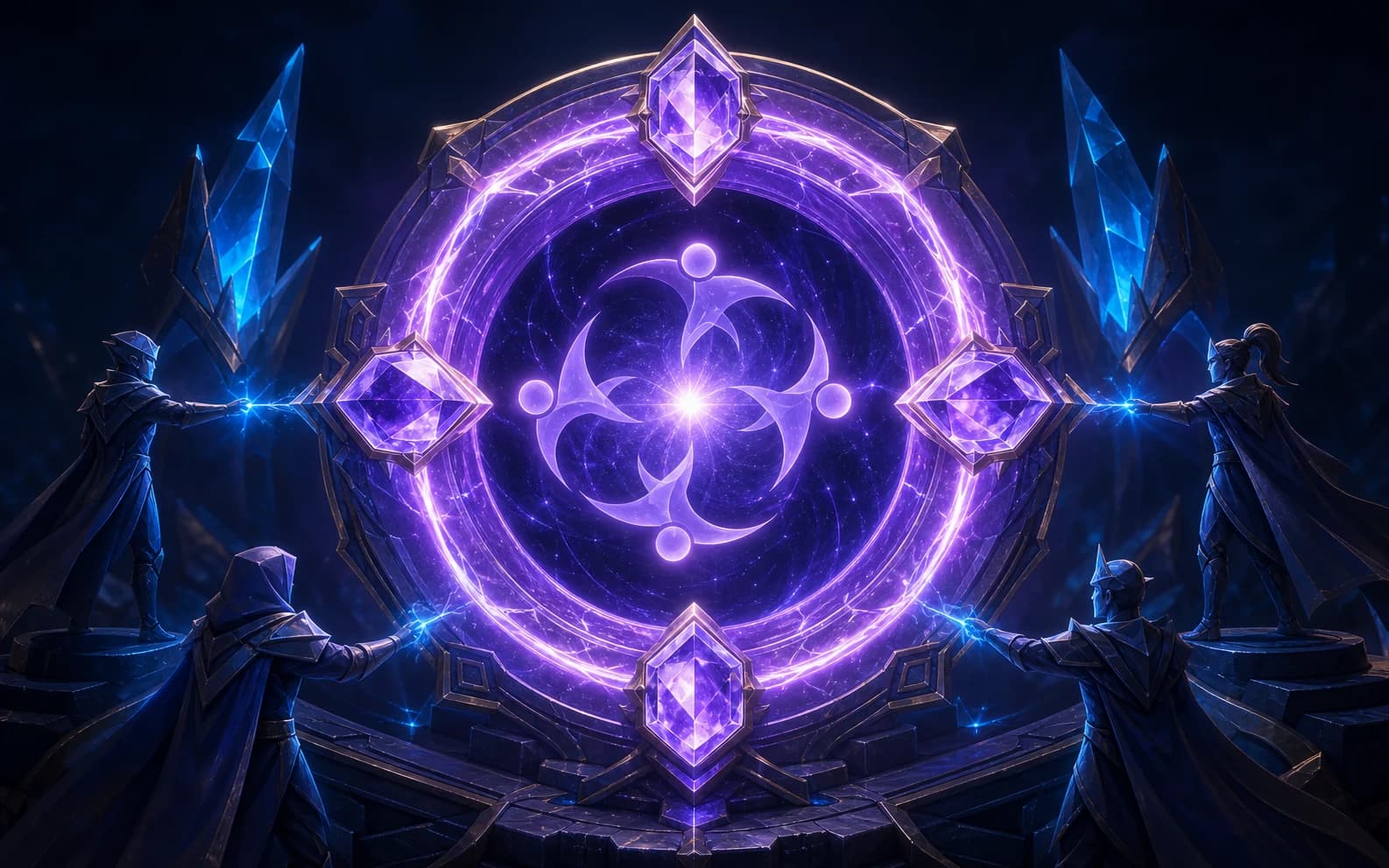 Card/preview image for mission join squad. Visually striking but simple, communicates the feature/item quickly at small size, follows Xsynergy fantasy-tech art direction.