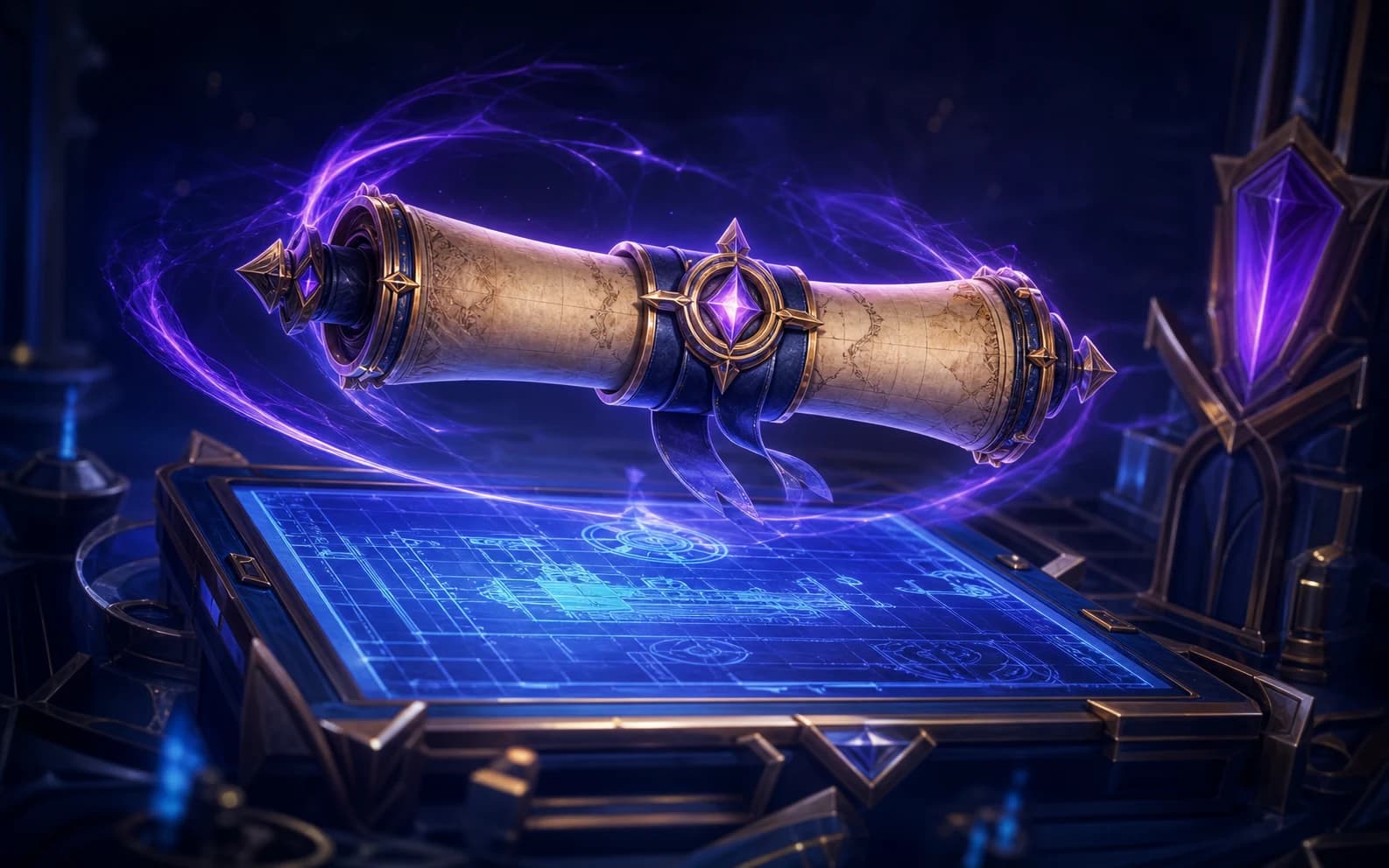 Card/preview image for mission upload resource. Visually striking but simple, communicates the feature/item quickly at small size, follows Xsynergy fantasy-tech art direction.