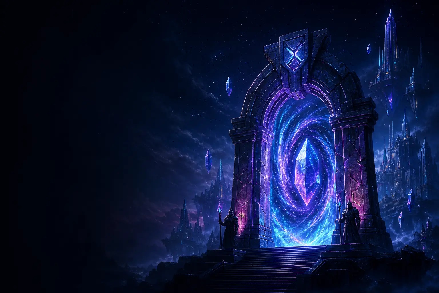 Wide hero banner for login portal. Cinematic, atmospheric, dark-fantasy/sci-fi builder-guild mood, safe negative space, premium and fun, not cluttered.