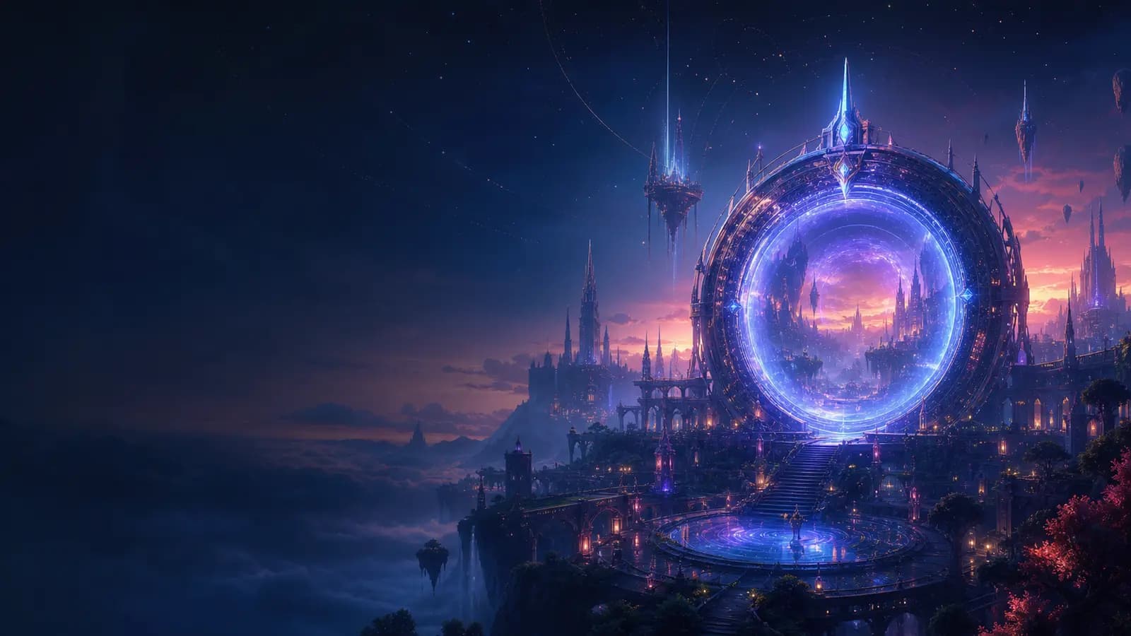 A luminous portal above the Xsynergy builder city